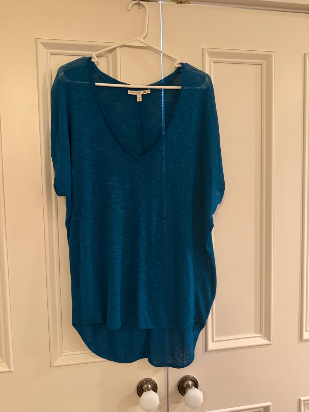 Express Teal Short Sleeve V-Neck Hi-Low Tunic